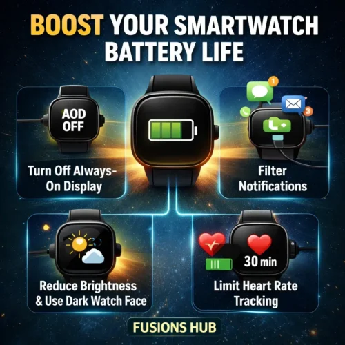 Smartwatch battery saving tips infographic turn off always on display reduce brightness filter notifications limit heart rate tracking Fusions Hub