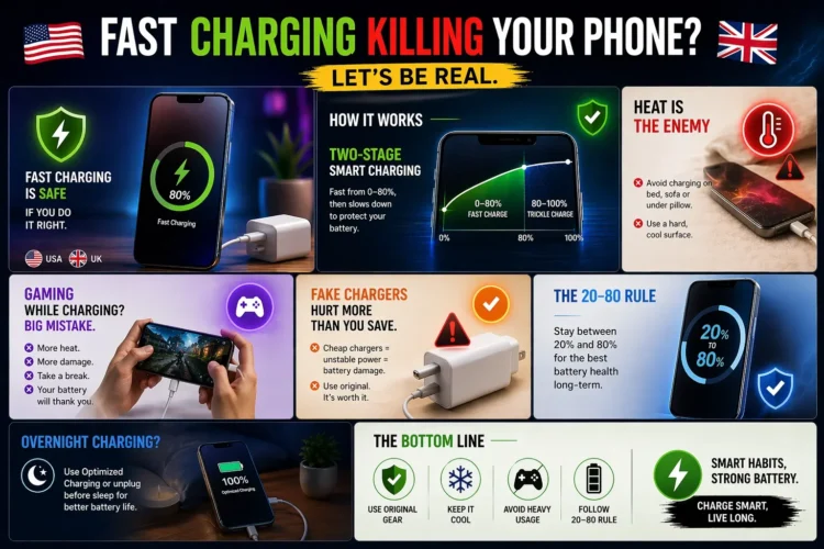 Infographic guide about fast charging battery damage prevention including two-stage smart charging heat management and 20-80 battery rule for USA and UK users