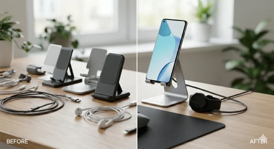 Before and After comparison of an organized desk setup featuring minimalist accessories and smart cable management.