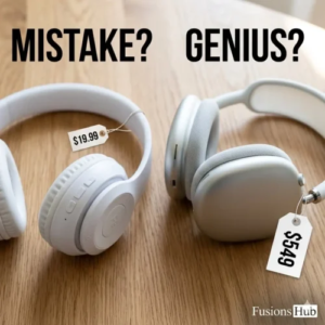 Side-by-side comparison of silver Apple AirPods Max and P9 wireless headphones clones with the question: $500 Difference: Is It Worth It? on a textured wood background with a Fusions Hub logo