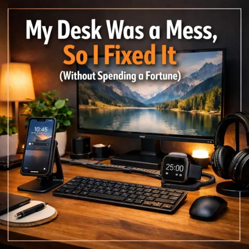 Clean and aesthetic desk setup with phone stand, smartwatch timer, organized cables, and minimal workspace accessories for productivity